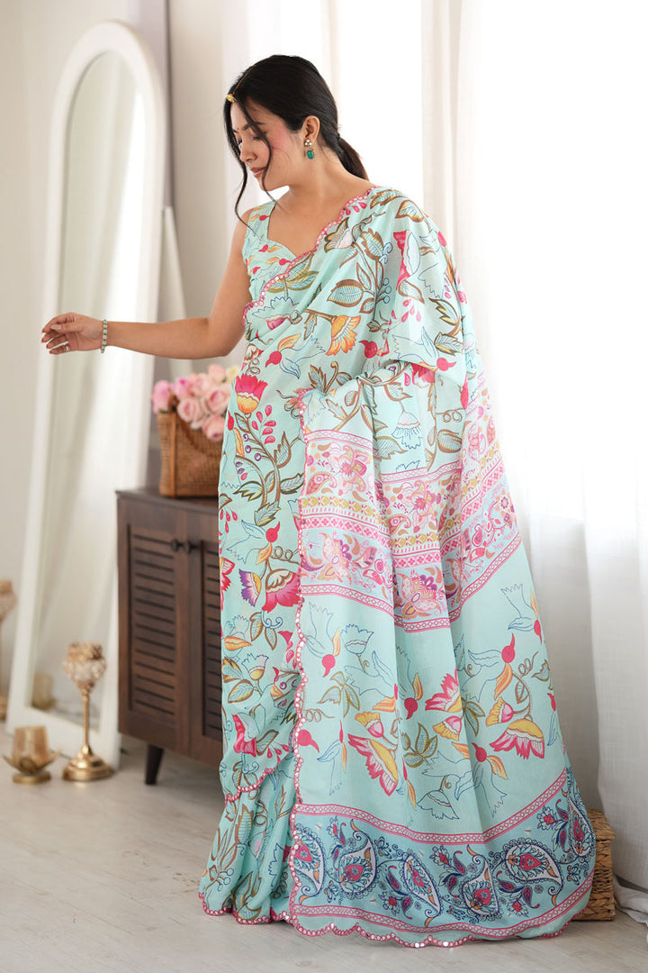 Chinon Printed Mirror Cut Work Saree In Sea Green Color | Buy Online India