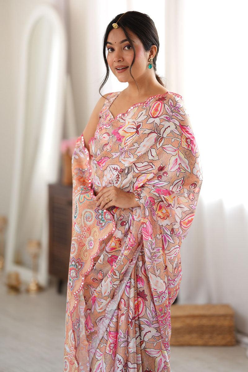 Peach Color Chinon Printed Mirror Cut Work Saree | Buy Online India