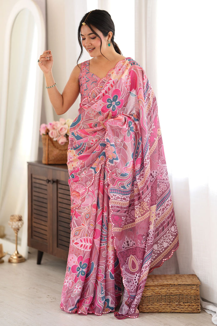 Festive Style Chinon Printed Mirror Cut Pink Saree | Buy Online India
