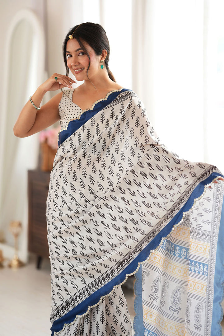 Chinon Printed Mirror Cut Work Saree In Blue Color | Buy Online India