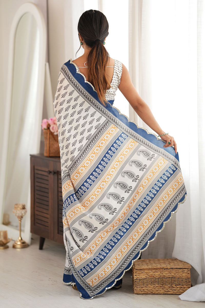 Chinon Printed Mirror Cut Work Saree In Blue Color | Buy Online India