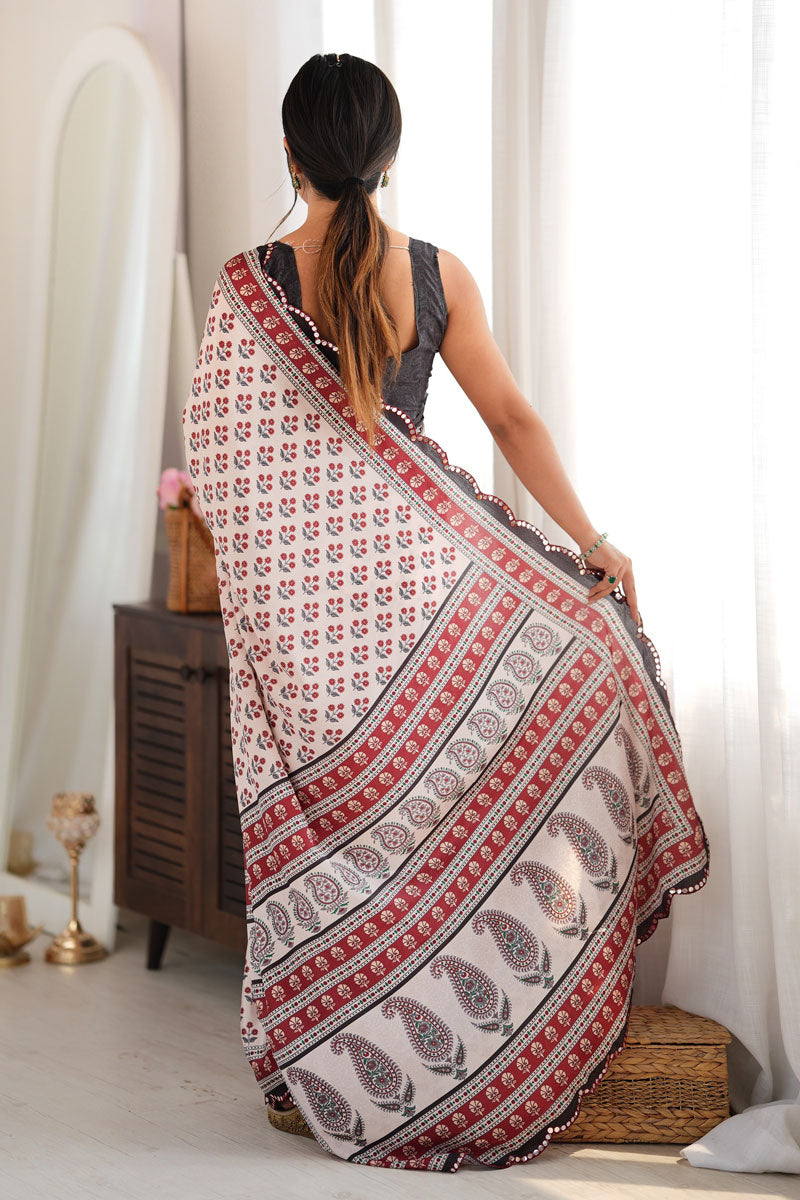 Maroon Chinon Printed Mirror Cut Festive Saree | Buy Online India