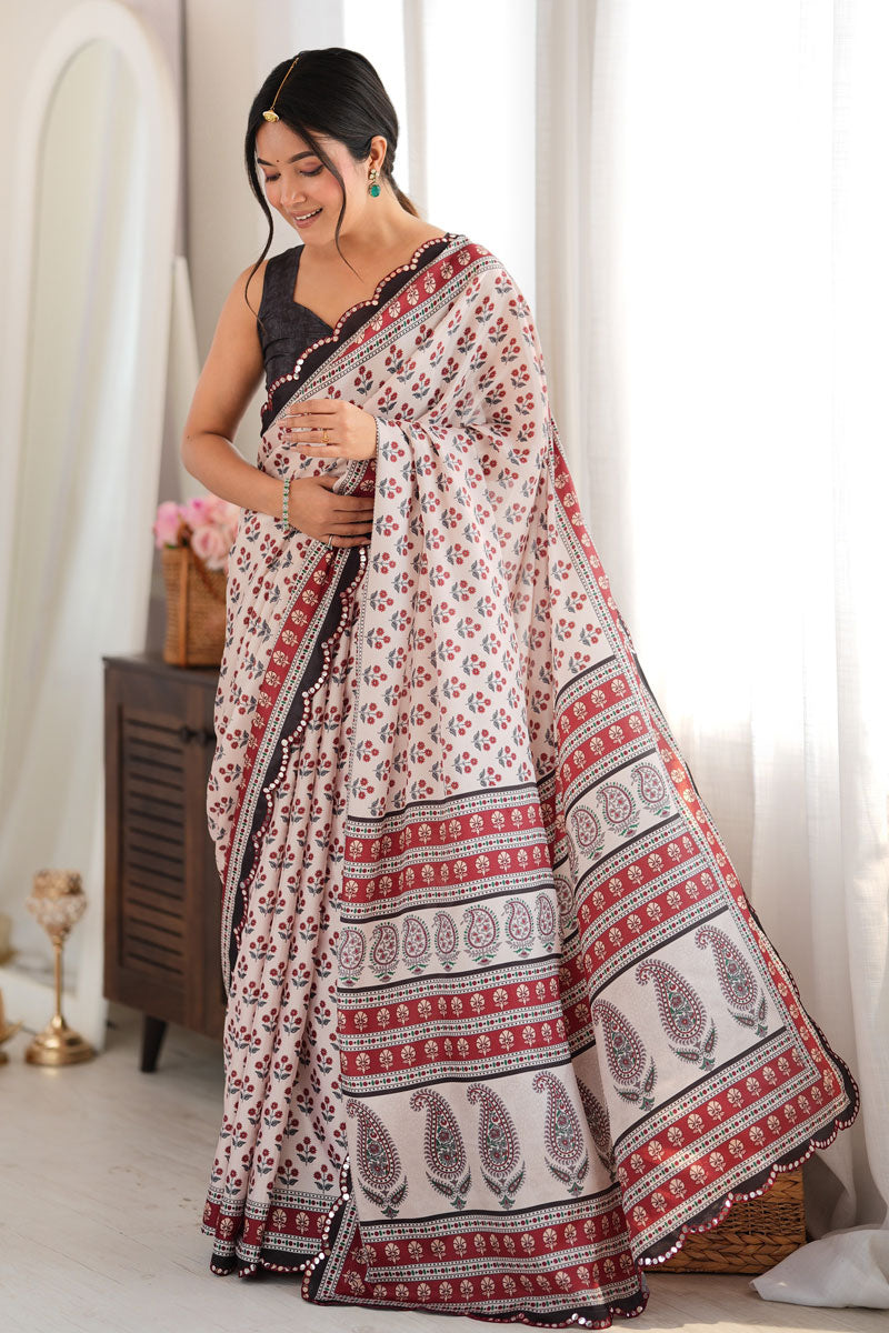 Maroon Chinon Printed Mirror Cut Festive Saree | Buy Online India