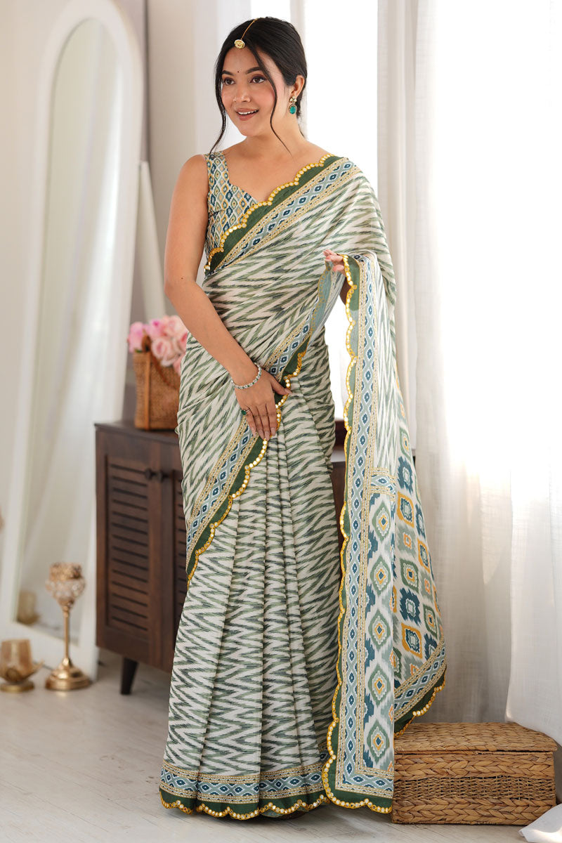 Chinon Printed Mirror Cut Saree In Green Color | Buy Online India