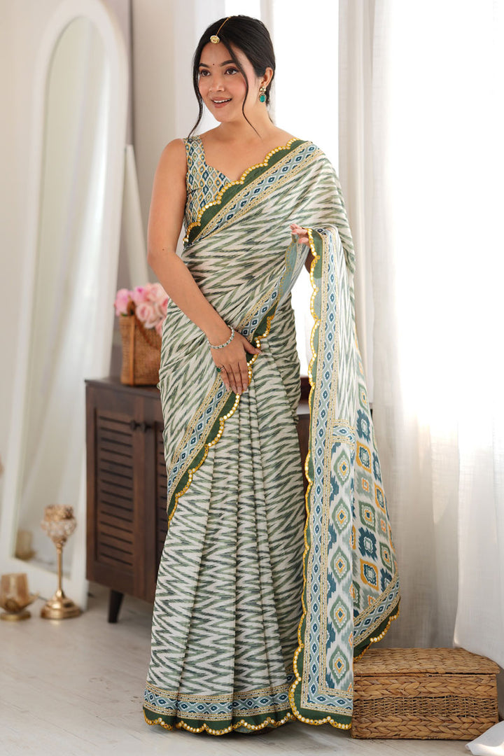 Chinon Printed Mirror Cut Saree In Green Color | Buy Online India