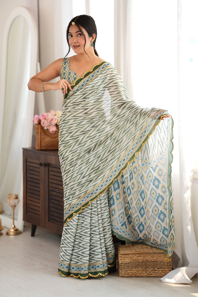 Chinon Printed Mirror Cut Saree In Green Color | Buy Online India