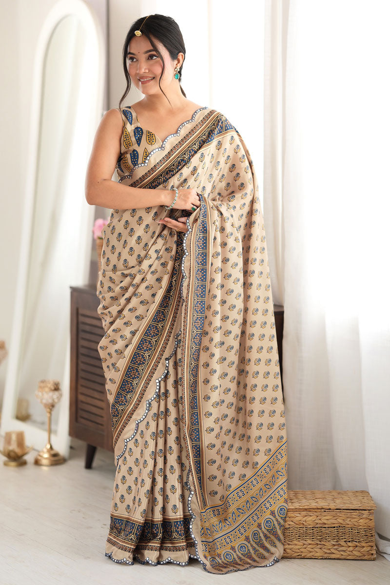 Beige Color Festive Look Printed Mirror Cut Work Saree | Buy Online India