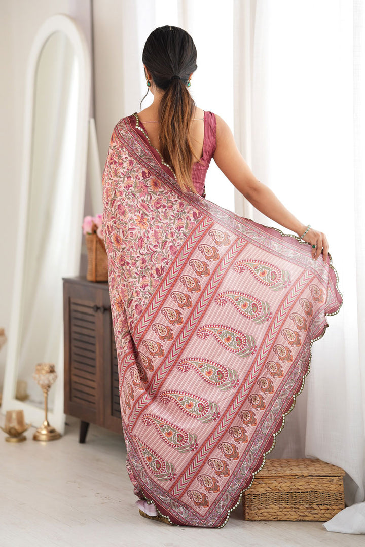 Brown Color Printed Mirror Cut Chinon Saree | Buy Online India