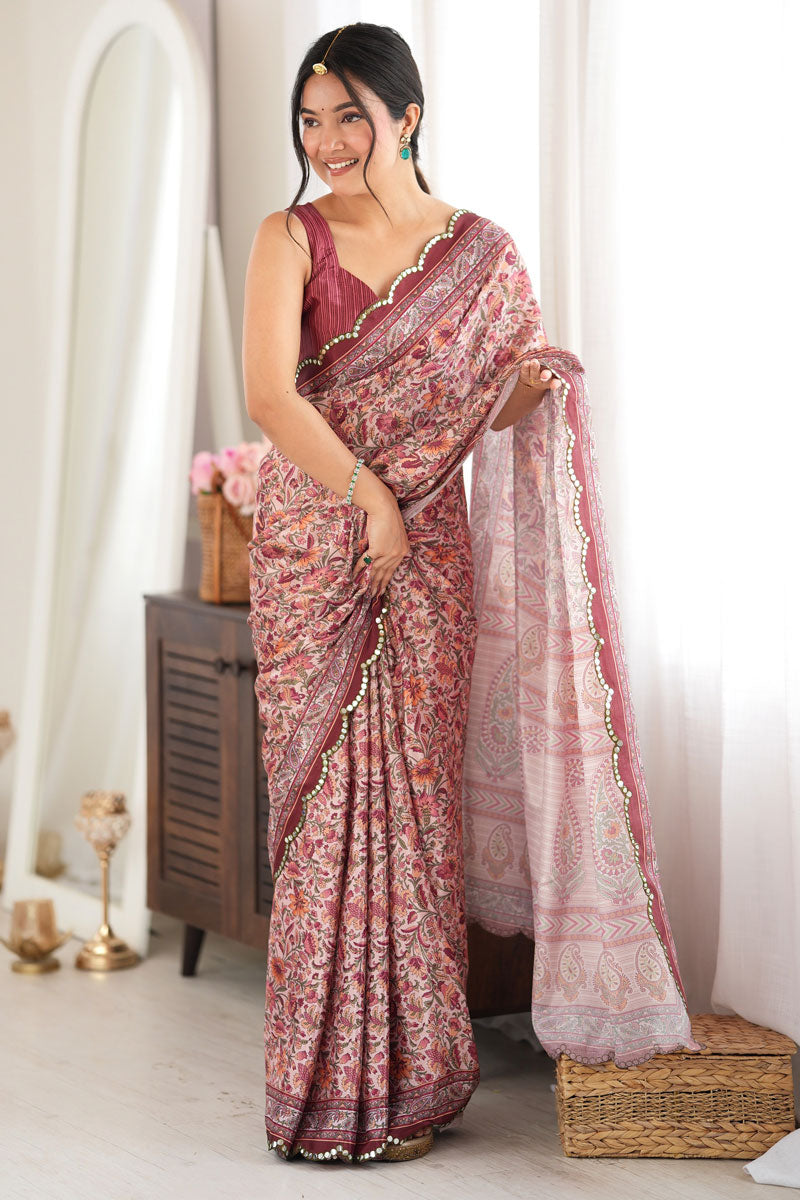 Brown Color Printed Mirror Cut Chinon Saree | Buy Online India