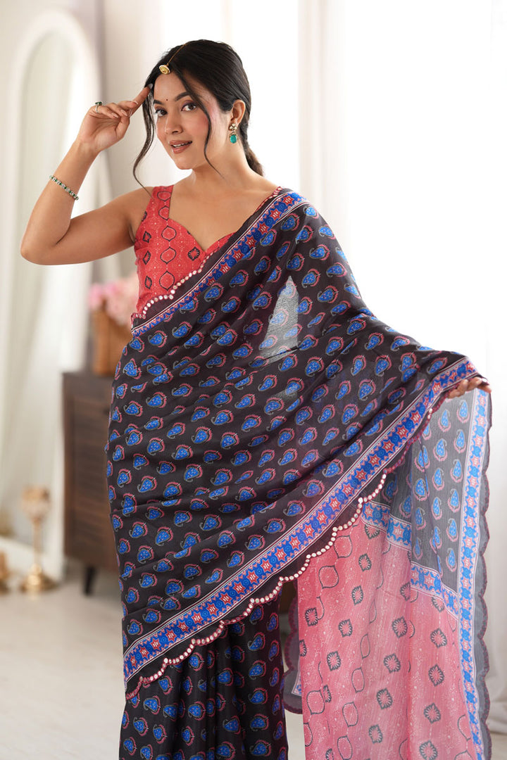 Black Chinon Printed Mirror Cut Festive Saree | Buy Online India