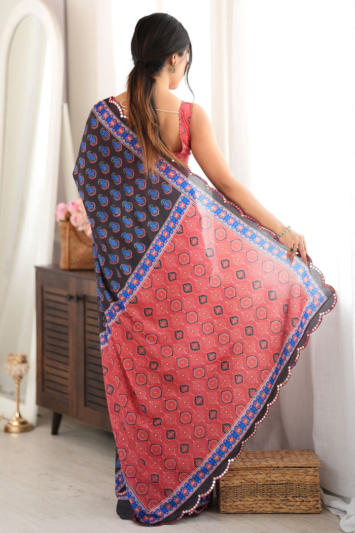 Black Chinon Printed Mirror Cut Festive Saree | Buy Online India