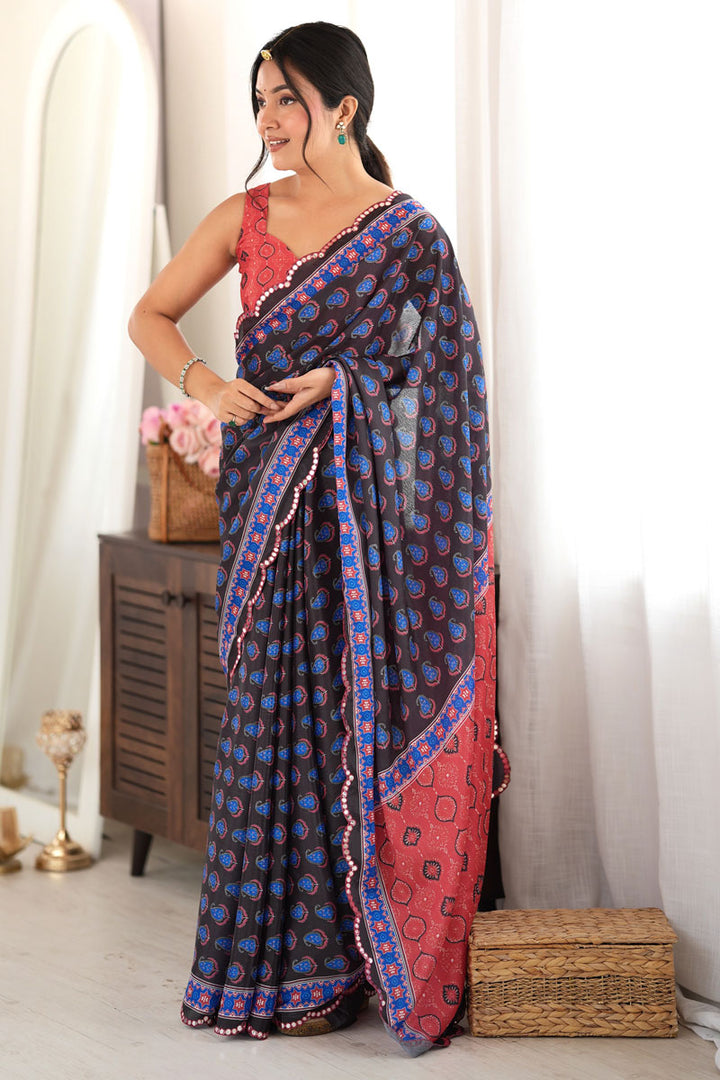 Black Chinon Printed Mirror Cut Festive Saree | Buy Online India