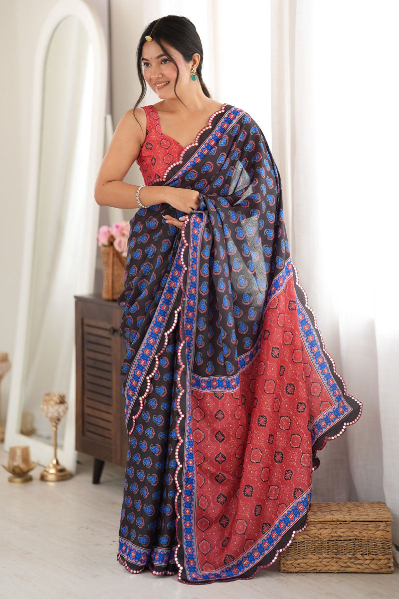 Black Chinon Printed Mirror Cut Festive Saree | Buy Online India