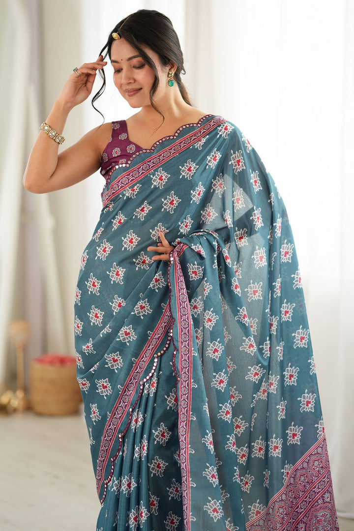 Teal Color Chinon Printed Mirror Cut Saree For Festive | Buy Online India