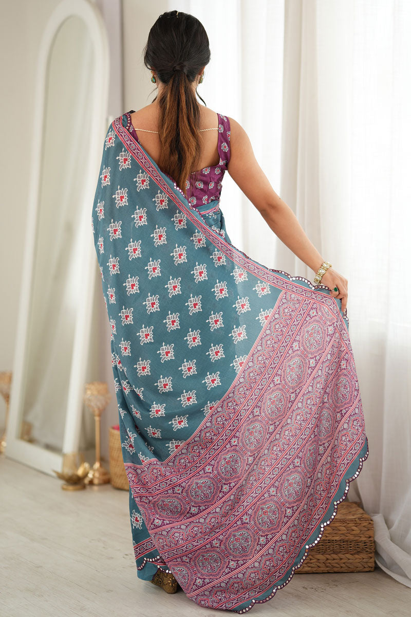 Teal Color Chinon Printed Mirror Cut Saree For Festive | Buy Online India