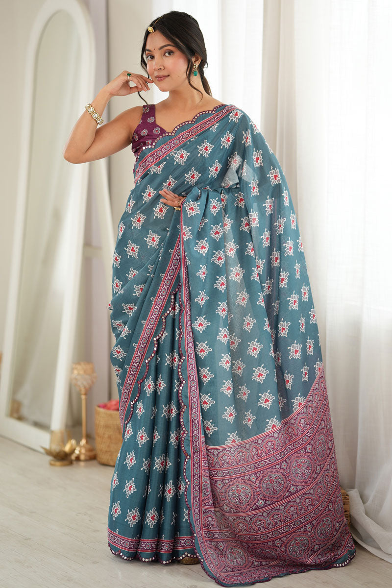 Teal Color Chinon Printed Mirror Cut Saree For Festive | Buy Online India