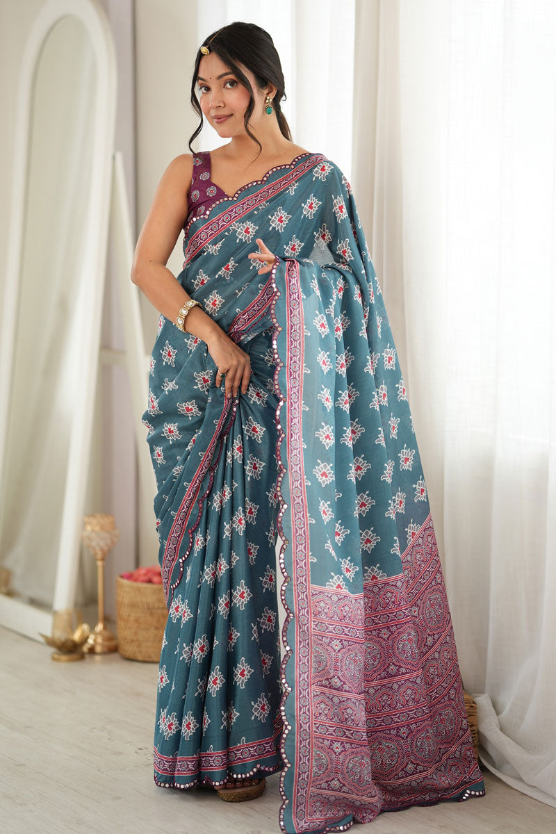 Teal Color Chinon Printed Mirror Cut Saree For Festive | Buy Online India