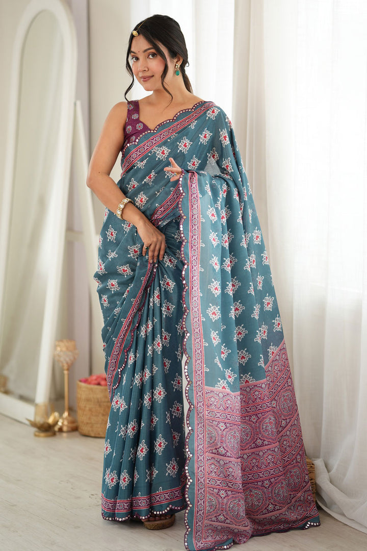 Teal Color Chinon Printed Mirror Cut Saree For Festive | Buy Online India