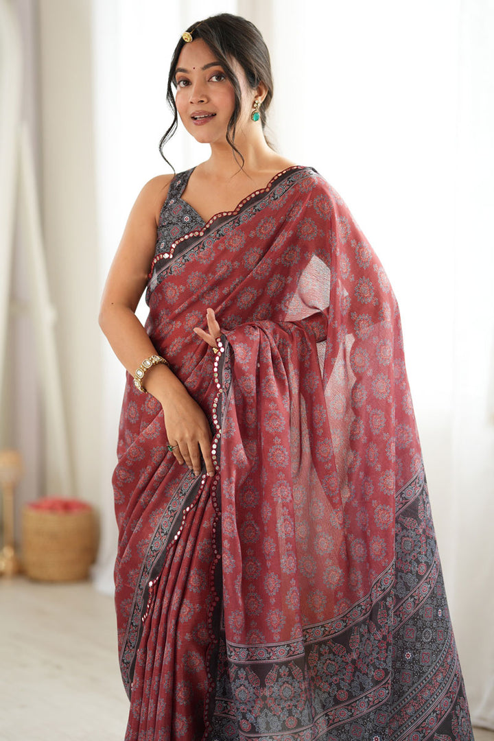 Chinon Printed Mirror Cut Saree In Rust Color | Buy Online India