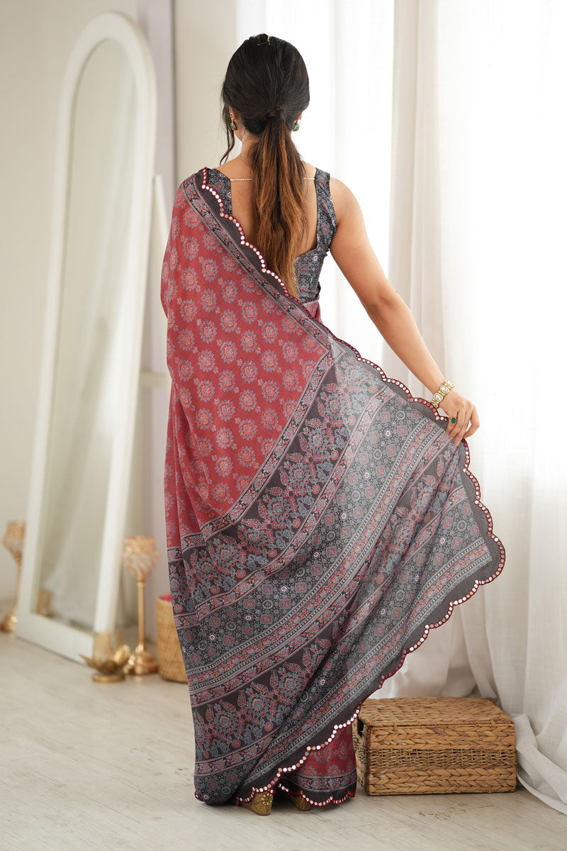 Chinon Printed Mirror Cut Saree In Rust Color | Buy Online India