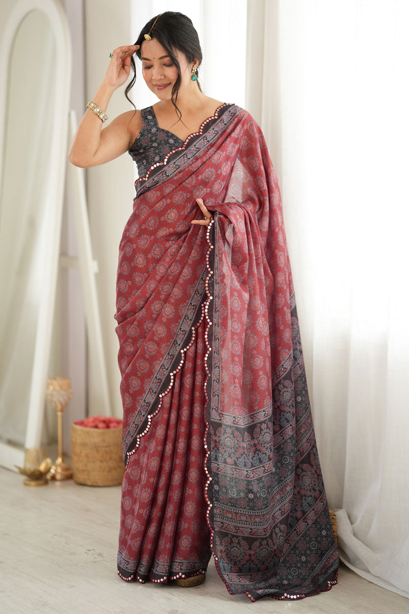 Chinon Printed Mirror Cut Saree In Rust Color | Buy Online India