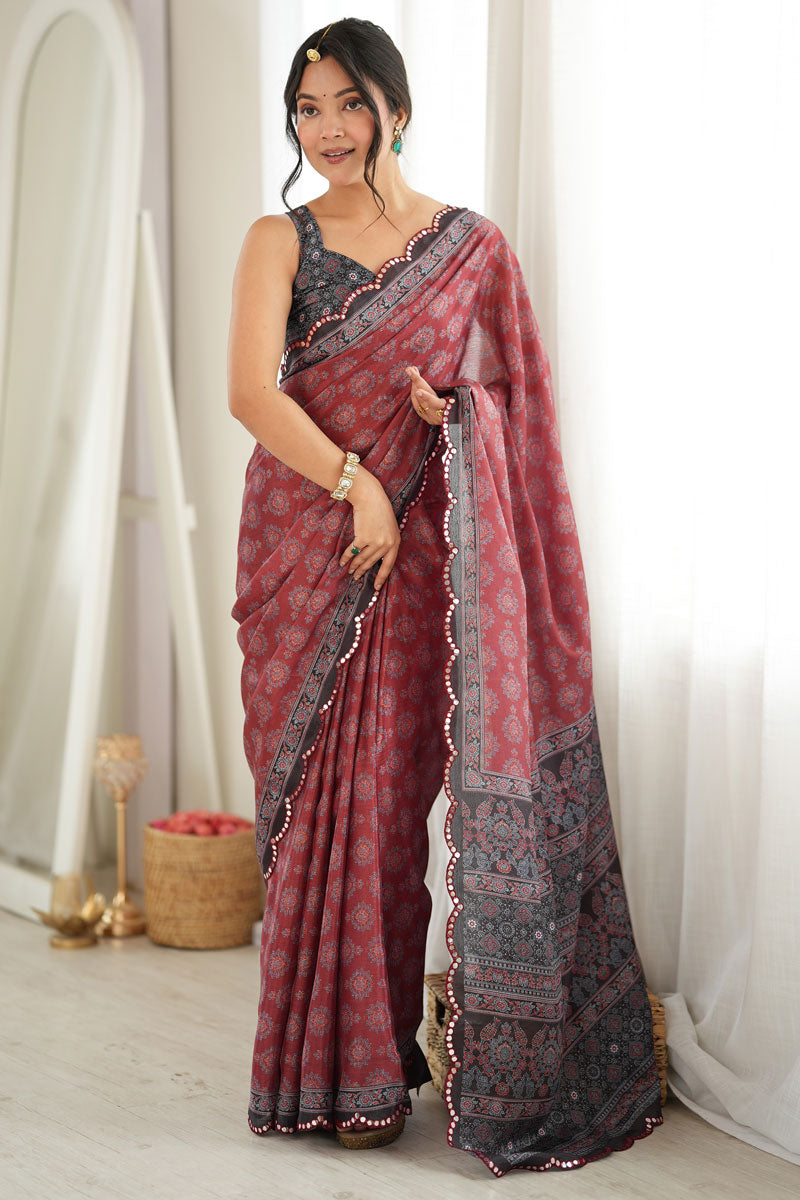 Chinon Printed Mirror Cut Saree In Rust Color | Buy Online India