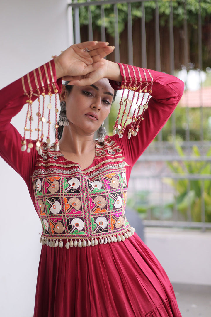 Maroon Beatific Look Rayon Navratri Special Gown