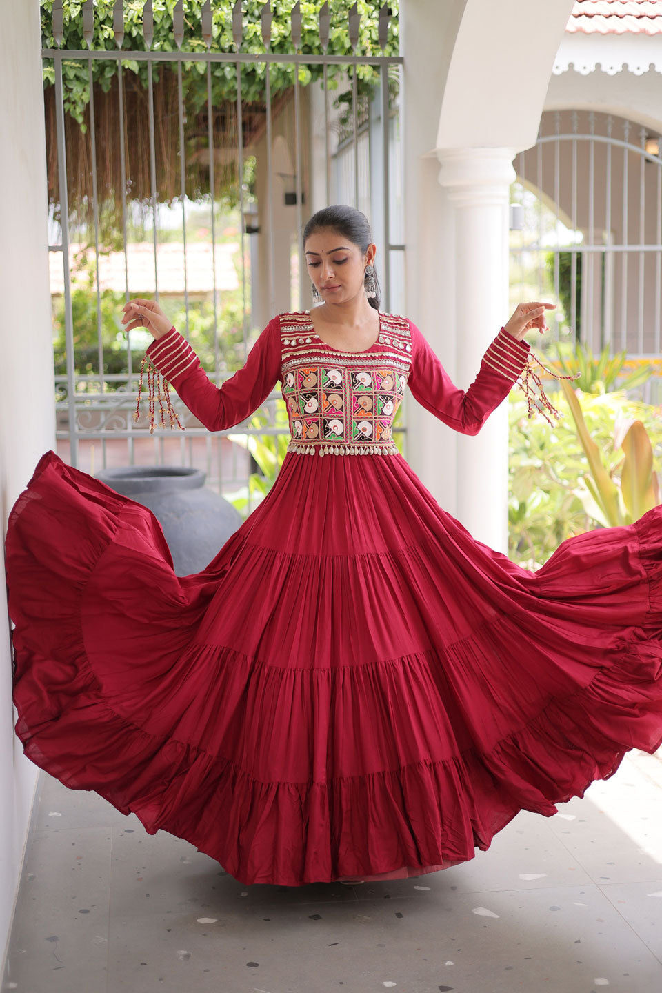 Maroon Beatific Look Rayon Navratri Special Gown