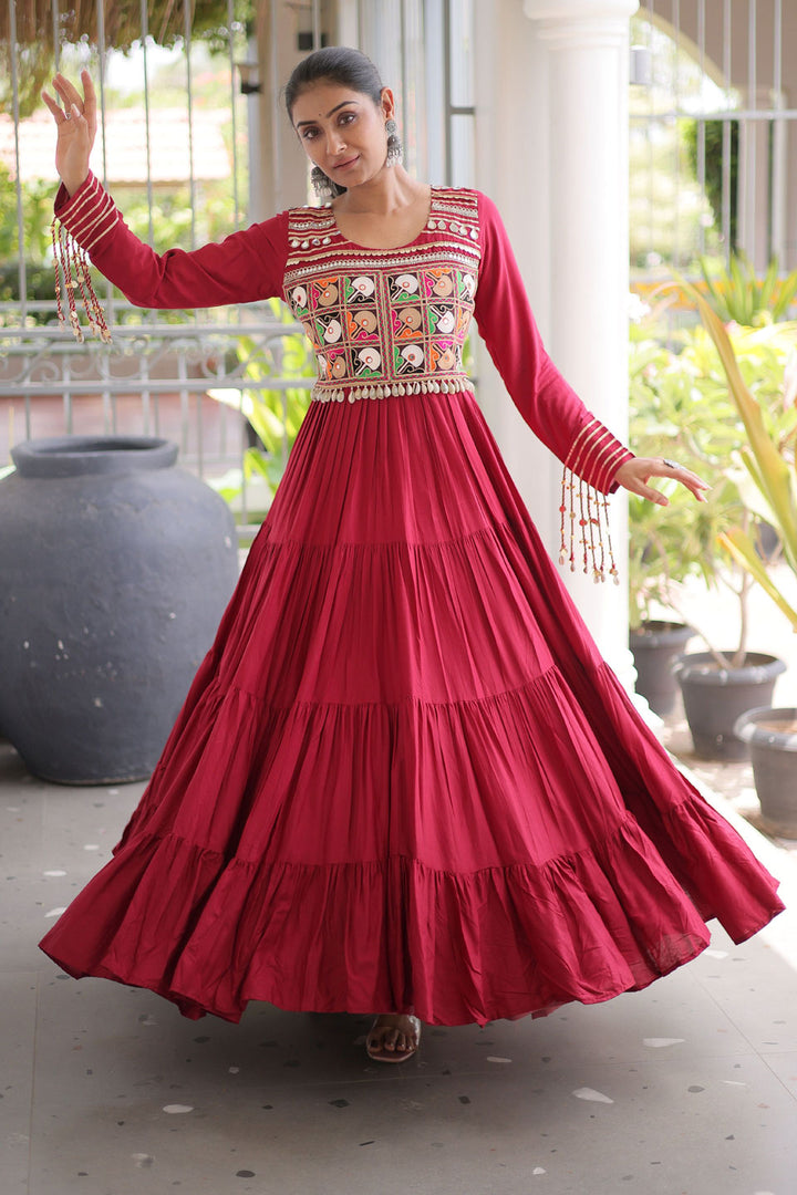 Maroon Beatific Look Rayon Navratri Special Gown