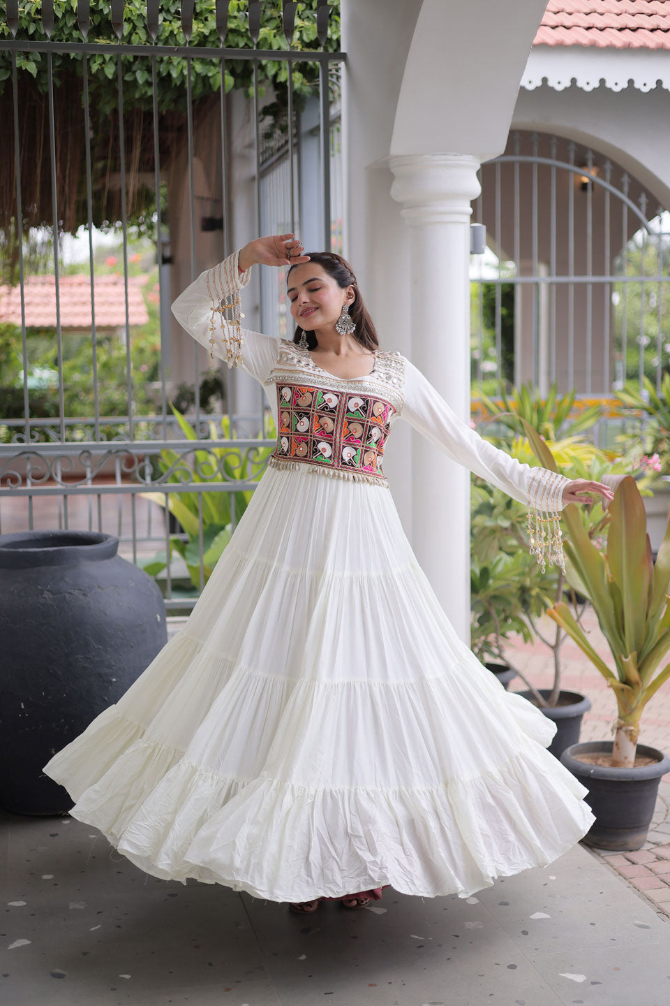 Fabulous Rayon White Navratri Special Gown