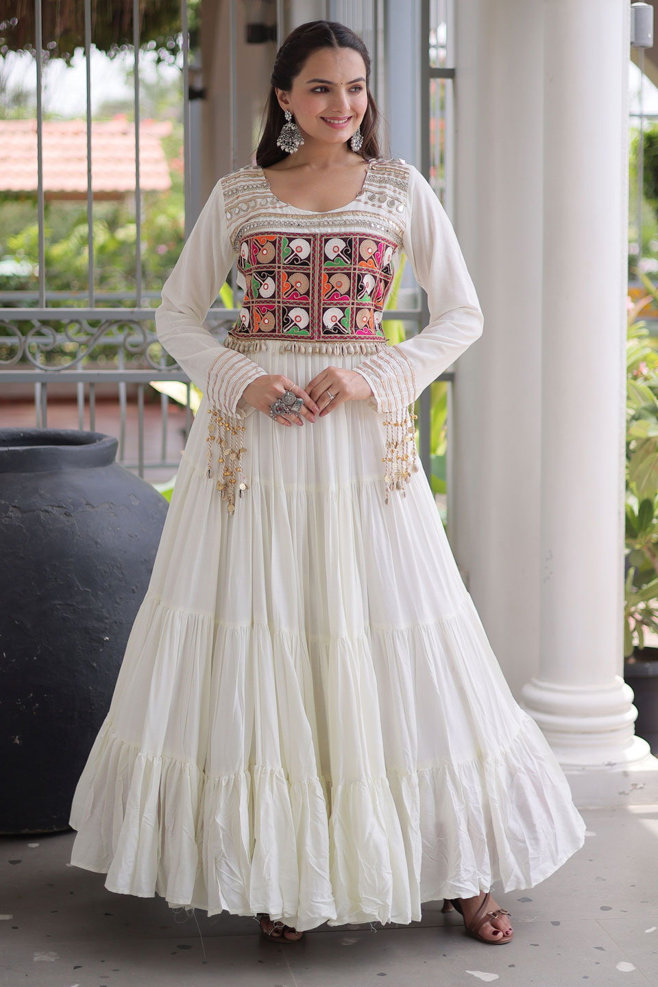 Fabulous Rayon White Navratri Special Gown