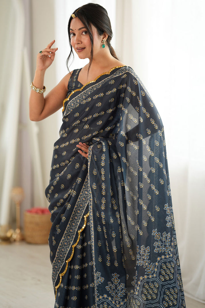 Beguiling Mirror Cut Work Dark Grey Color Chinon Printed Saree | Buy Online India