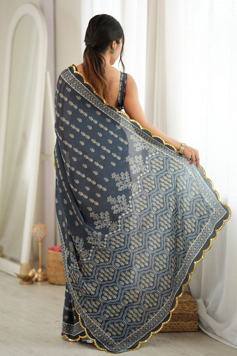 Beguiling Mirror Cut Work Dark Grey Color Chinon Printed Saree | Buy Online India