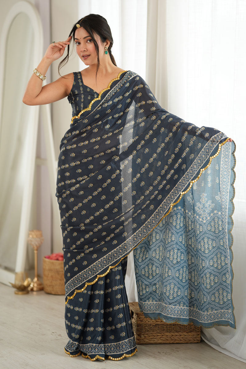 Beguiling Mirror Cut Work Dark Grey Color Chinon Printed Saree | Buy Online India