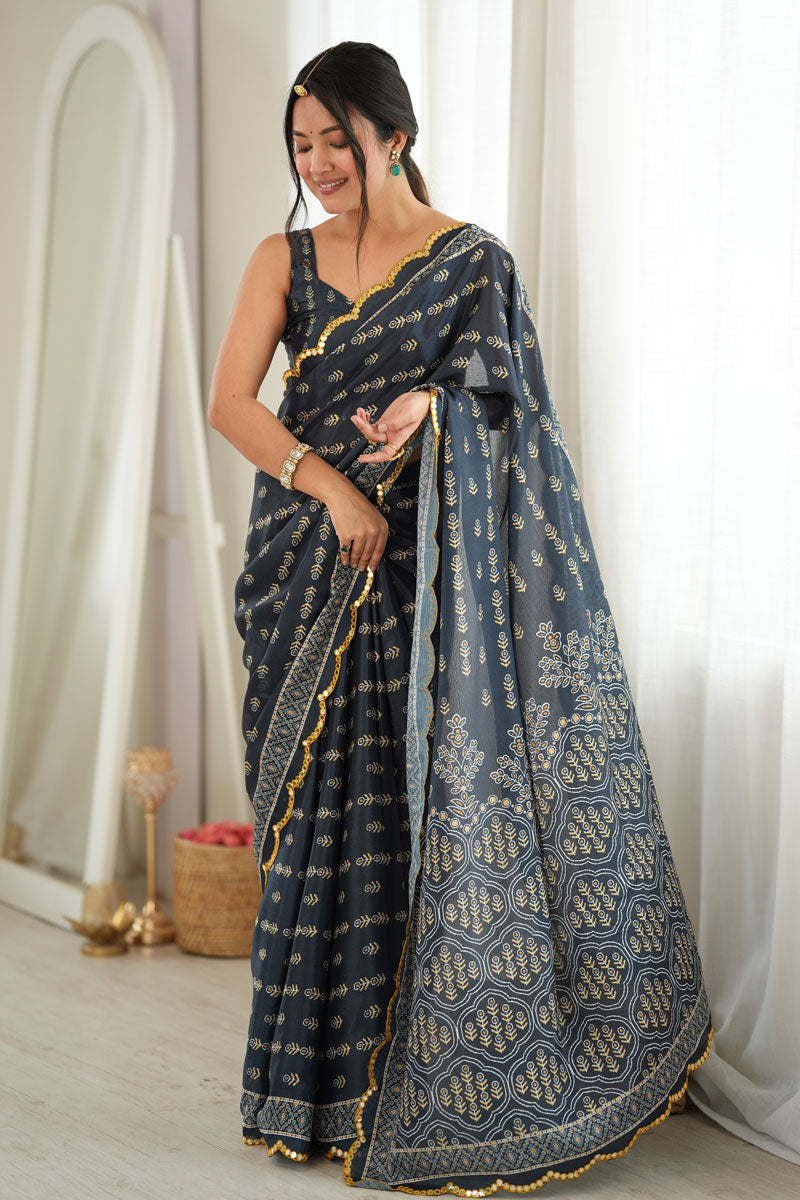 Beguiling Mirror Cut Work Dark Grey Color Chinon Printed Saree | Buy Online India