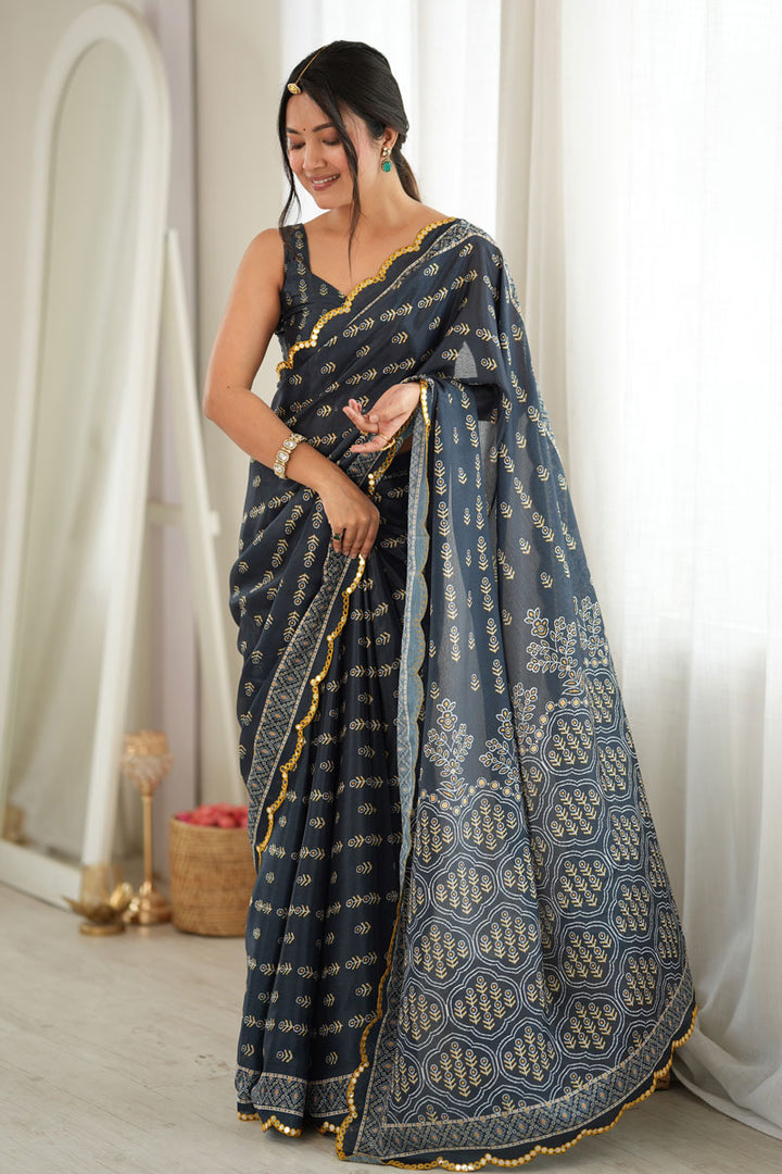 Beguiling Mirror Cut Work Dark Grey Color Chinon Printed Saree | Buy Online India