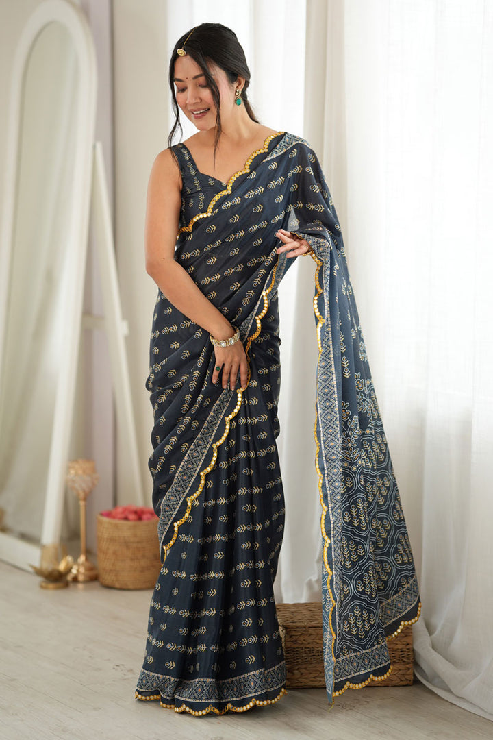 Beguiling Mirror Cut Work Dark Grey Color Chinon Printed Saree | Buy Online India