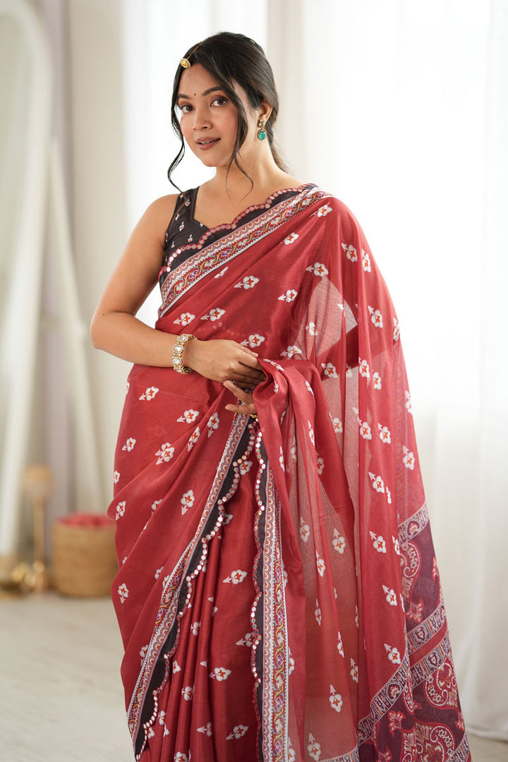 Mirror Cut Work On Chinon Printed Rust Color Saree | Buy Online India