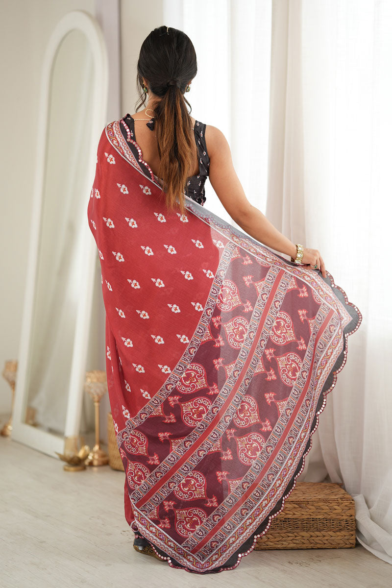 Mirror Cut Work On Chinon Printed Rust Color Saree | Buy Online India