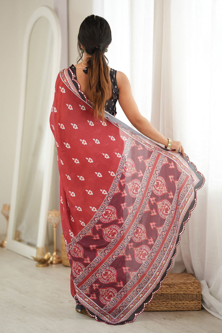 Mirror Cut Work On Chinon Printed Rust Color Saree | Buy Online India