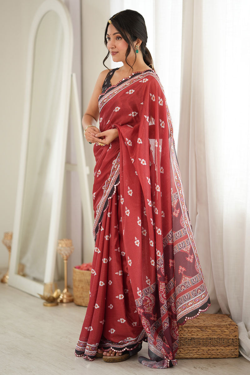Mirror Cut Work On Chinon Printed Rust Color Saree | Buy Online India