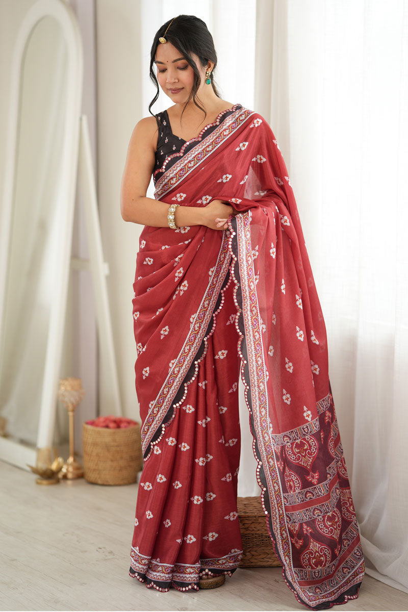 Mirror Cut Work On Chinon Printed Rust Color Saree | Buy Online India