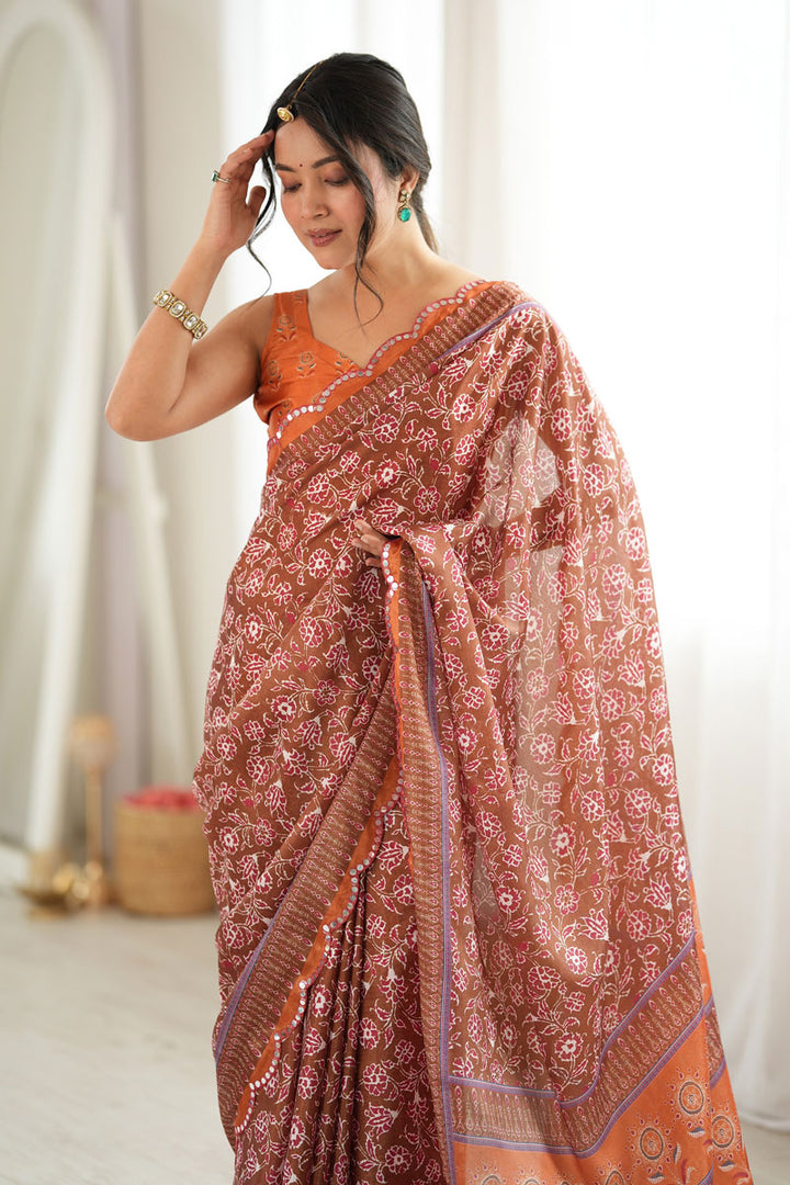 Tempting Chinon Printed Orange Saree With Mirror Cut Work | Buy Online India