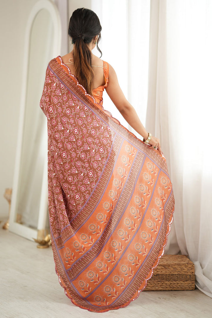 Tempting Chinon Printed Orange Saree With Mirror Cut Work | Buy Online India