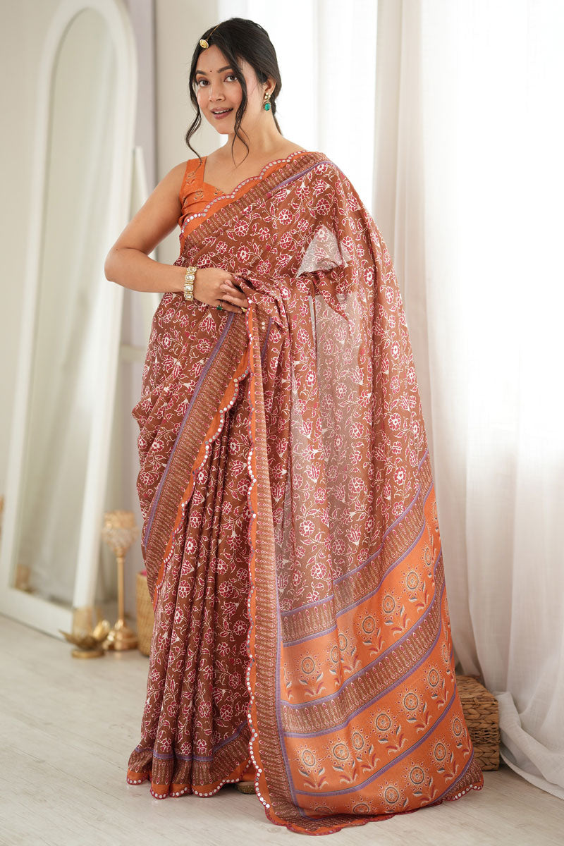 Tempting Chinon Printed Orange Saree With Mirror Cut Work | Buy Online India