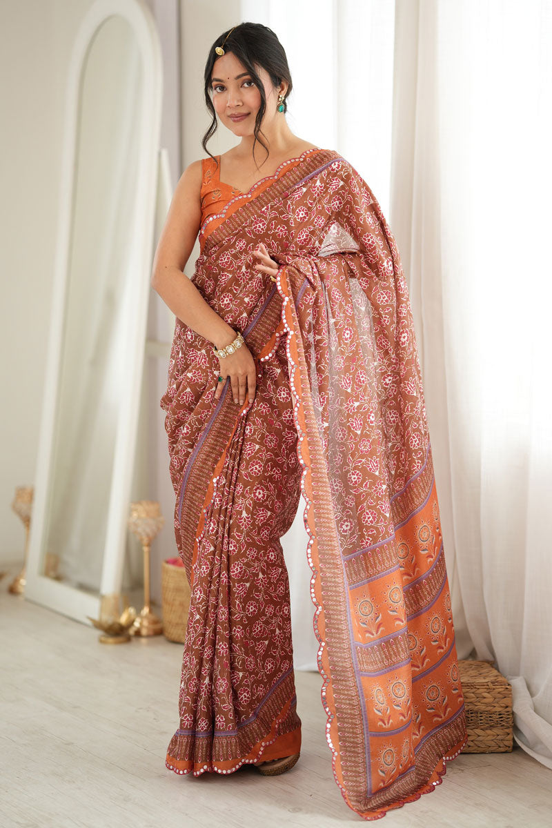 Tempting Chinon Printed Orange Saree With Mirror Cut Work | Buy Online India