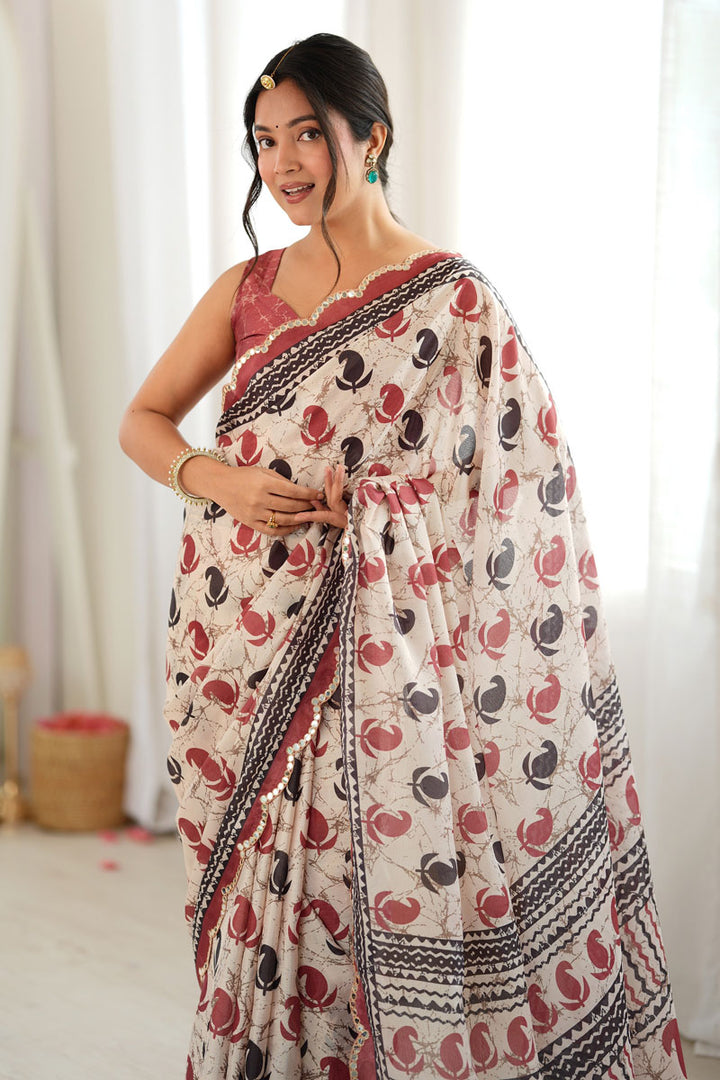 Engaging Off White Chinon Printed Saree With Mirror Cut Work | Buy Online India