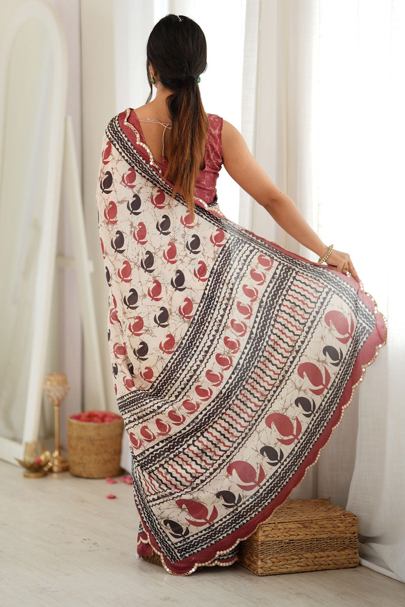 Engaging Off White Chinon Printed Saree With Mirror Cut Work | Buy Online India