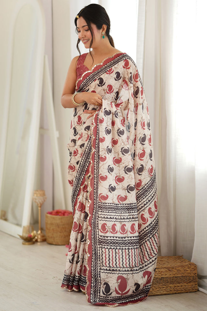 Engaging Off White Chinon Printed Saree With Mirror Cut Work | Buy Online India