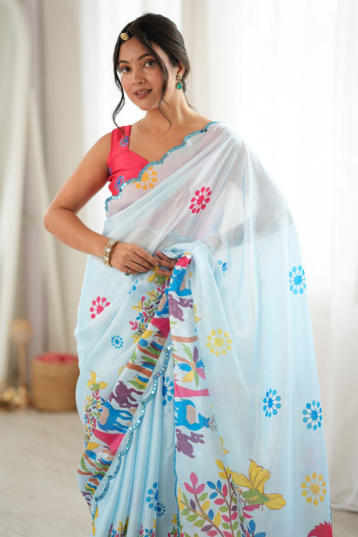 Classic Mirror Cut Work On Sky Blue Chinon Printed Saree | Buy Online India